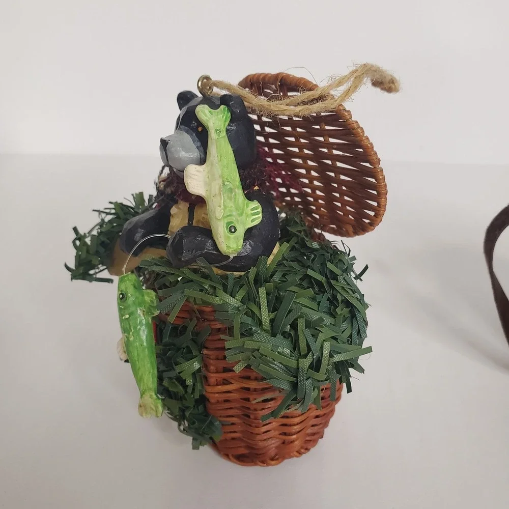 Christmas Tree Ornament Basket  Fishing Bear Fisherman Fish Theme Lot  Of 2